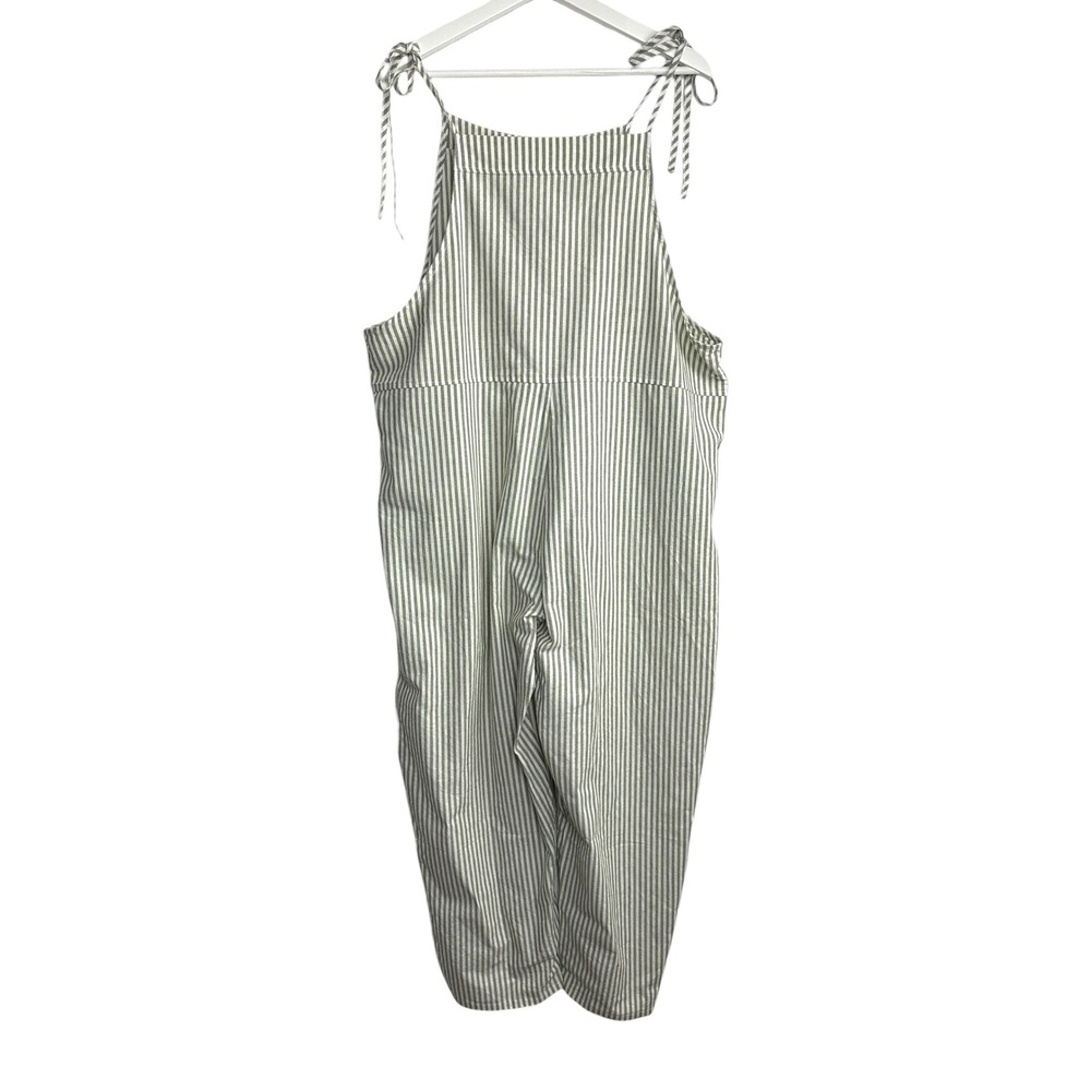 Madepants Jumpsuit Womens XL Green Striped Cotton Linen Tie Shoulder Pockets